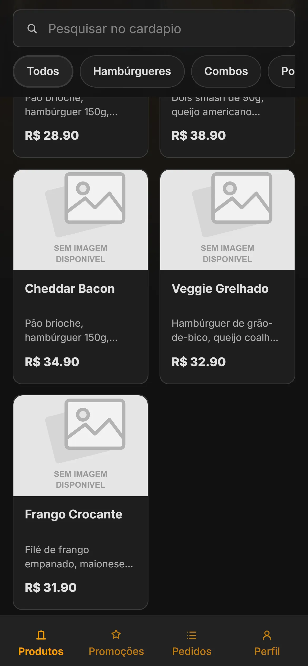Lista de produtos do cardápio no celular